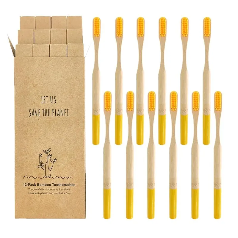 12 Pcs Natural Eco-Friendly Bamboo Handle Medium Bristle Toothbrushes