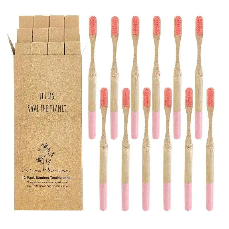12 Pcs Natural Eco-Friendly Bamboo Handle Medium Bristle Toothbrushes
